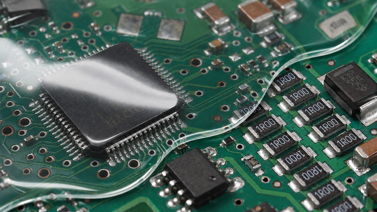 Populated circuit board partially coated in clear silicone gel, showing the boundary between the gel-covered area and exposed components.
