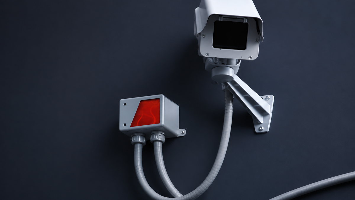 Security camera and connection enclosure with an illustrative cutaway showing red protective gel.