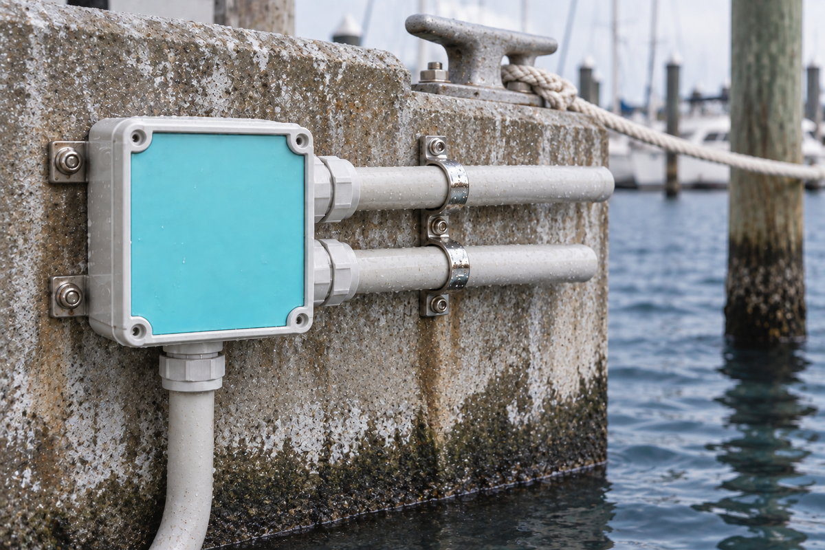 Techno Gel Gum filled electrical enclosure installed in a saltwater marina environment