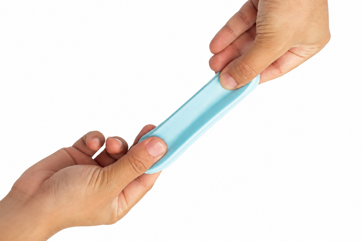 Techno Gel Gum stretched between two hands to demonstrate its flexible gel-rubber behavior