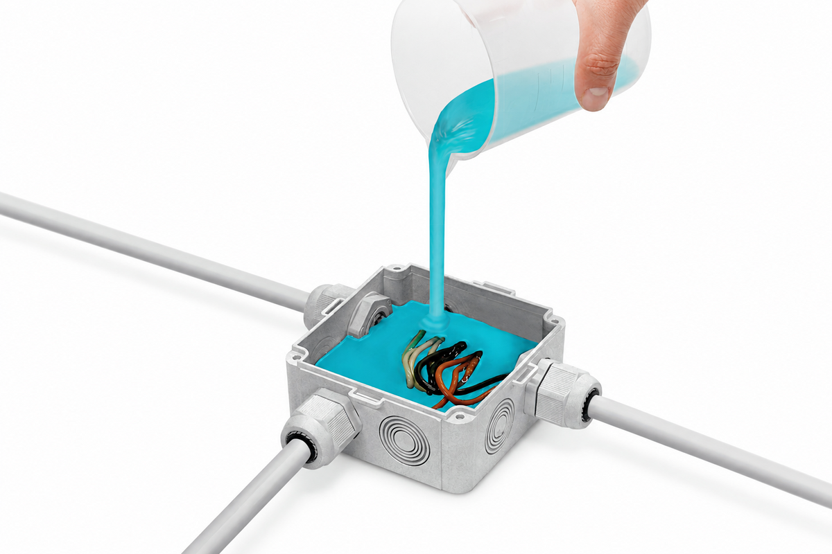 Techno Gel Gum being poured around conductors in an electrical junction enclosure