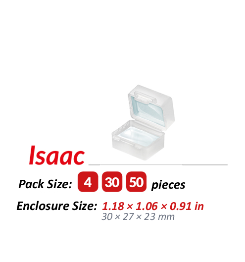 Isaac Gel Box: product photo, pack sizes, and enclosure size
