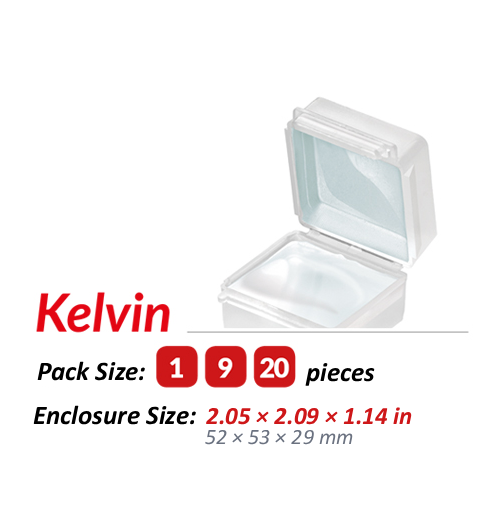 Kelvin Gel Box: product photo, pack sizes, and enclosure size