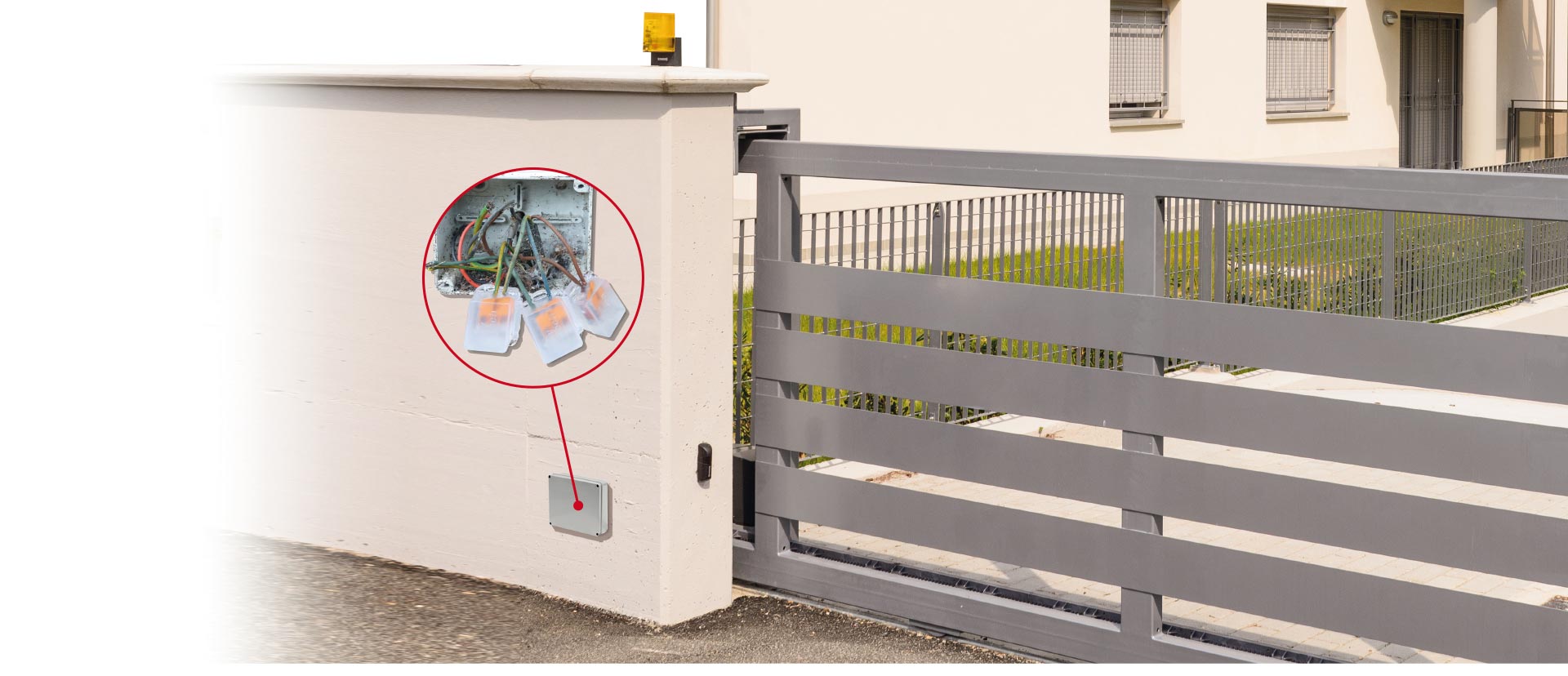 Gel Box Line enclosure protecting a completed electrical connection at an outdoor gate installation