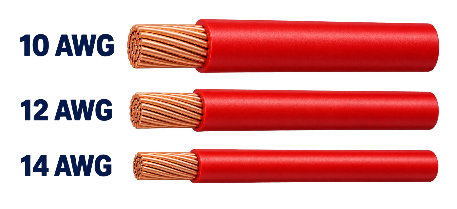 Comparison of 10 AWG, 12 AWG, and 14 AWG stranded copper wire sizes