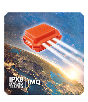 Illustrated orange Happy enclosure launching above Earth, with IPX8 Officially Tested and IMQ certification badges